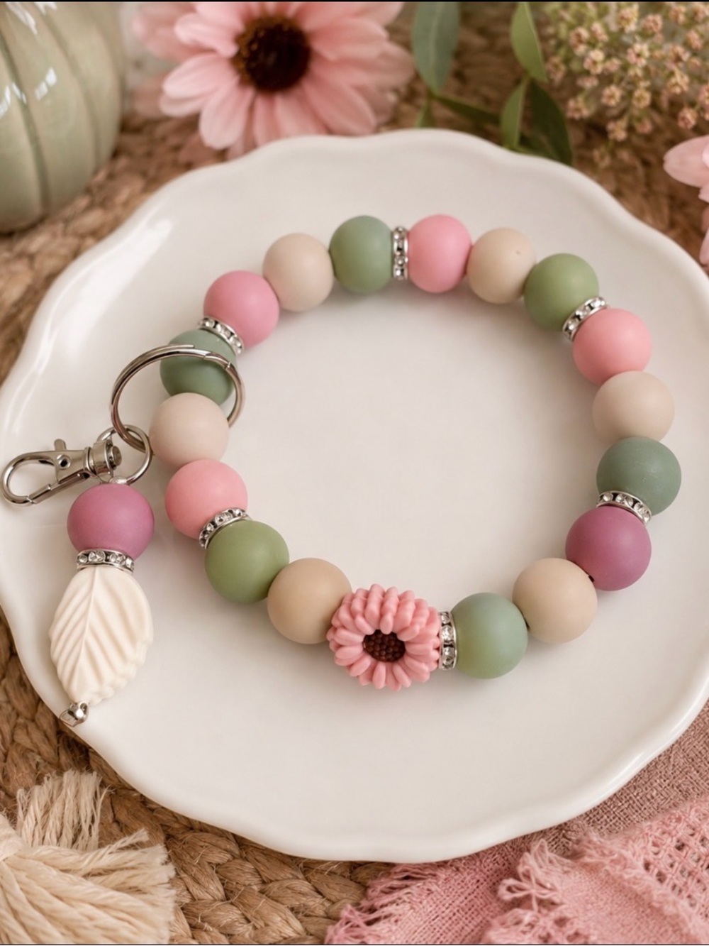 Pastel Beaded wristlet Keychain with Flower Charm